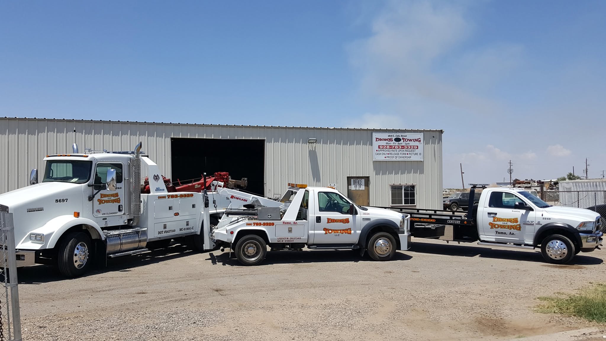 Dick's Towing trucks lined up outside the shop at 2818 E. 13th Street in Yuma, Arizona.